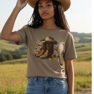 Y&F Women Tan Rhinestone Cowboy Boot Floral Graphic T-Shirt L/XL NEW Cowgirl